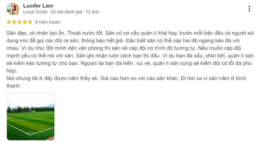 Khách hàng Lucifer Liên đánh giá cao về cách quản lý sân từ khi mới mở của sân bóng đá Ngôi sao - HCA