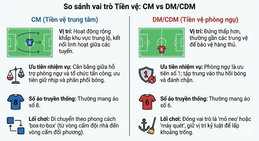 Sơ đồ minh họa vị trí và vai trò của CM và DM trên sân bóng