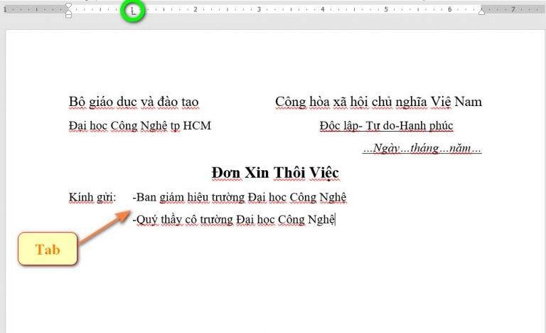 Sử dụng Tab cho phần Kính gửi
